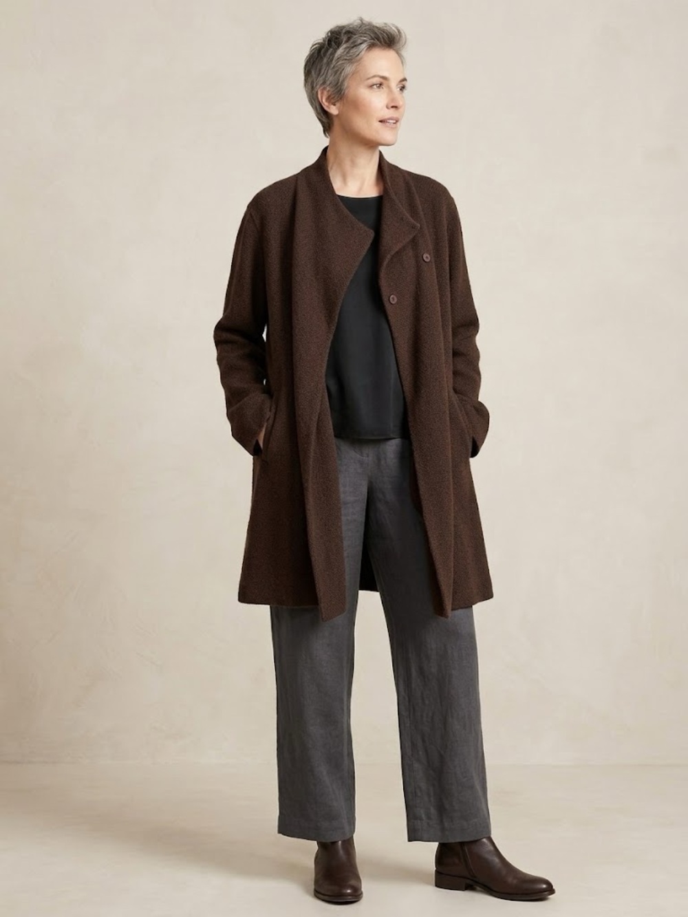 Eileen Fisher Wool Blend Knit Draped Wrap Jacket Coat XL Brown